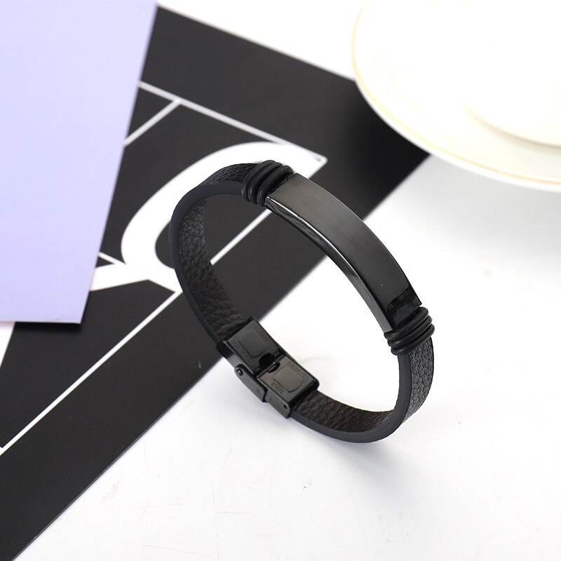 Heren sieraden gevlochten leren armband roestvrij staal staaf armband zwarte roestvrij stalen gesp heren pols: 1-