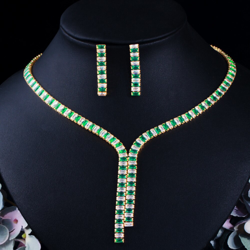 CWWZircons – ensemble de bijoux pour femmes, collier et boucles d'oreilles en CZ vert, accessoires de mariage de fiançailles, couleur or africain T533