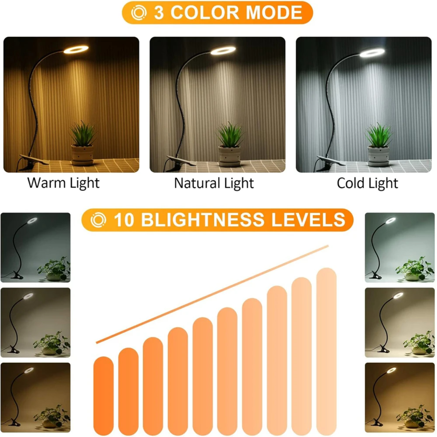 LED-Leselampen ° flexibel, schwanenhals-dimmbare Tischlampe zum Anklipsen, für Höhle Innenbereich, Schlafzimmer, Augenschutz, Schreibtischleuchte, Buchklemmenlampe