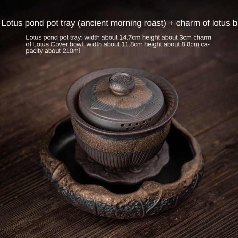 Japanese Style Coarse Pottery Gilding Iron Glaze Lotus Pond Pot Tray Small Water Storage Tea Tray Pot Base Kung Fu Tea Ceremony: pot tray andgaiwan