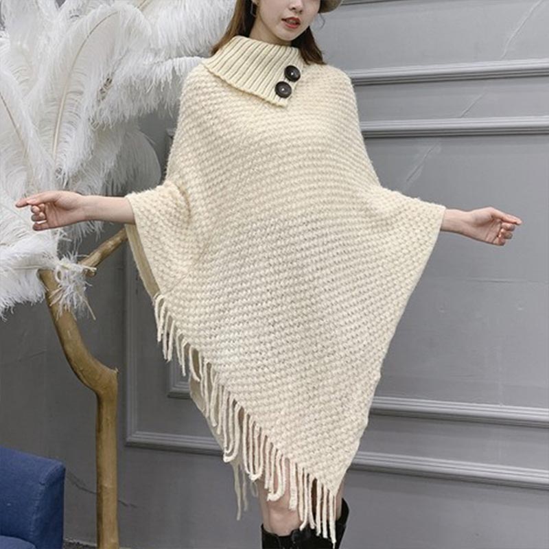 Jocoo Jolee Frauen Winter Koreanische Pelzigen Weichen Lose Rollkragenpullover Quaste Mantel Beiläufige Lange Stricken Poncho Harajuku Pullover: Beige