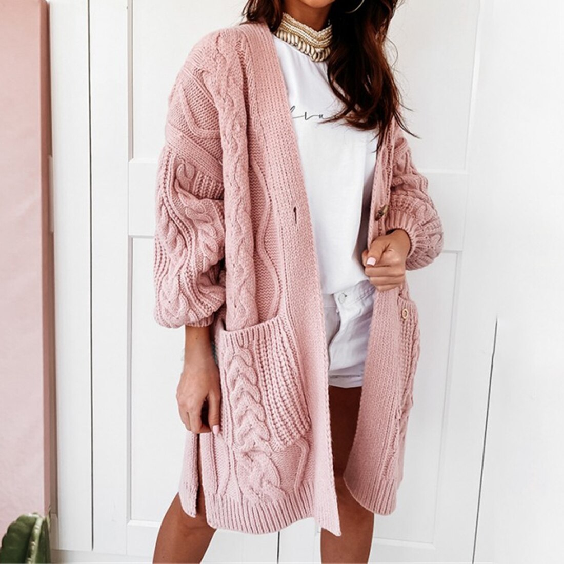 Cárdigan largo medio para mujer, suéter de otoño invierno con mangas murciélago, suéter tejido, chaqueta de talla grande, suéteres sueltos para mujer, cárdigans XL: pink / S