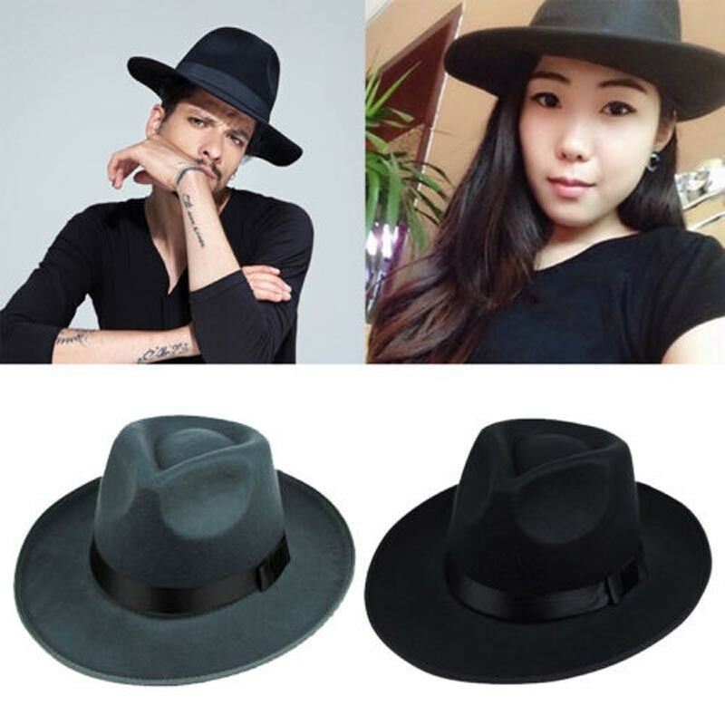 Vintage Men Women fedora derby bowler wool sun-shade brim Belt Felt Hat Wide Brim Fedora Trilby Panama Hat Gangster Cap