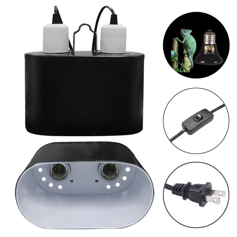 Reptil ljusarmatur djup kupol dubbel lampa armatur uvb armatur optisk reflektionsskydd reptil värme lampa kit kombinationshållare: Us plug