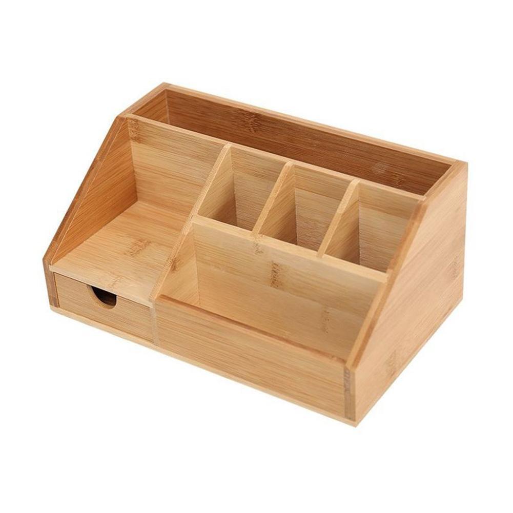 Bamboo Desktop Storage Box Natural Wooden Office Pen Holder Multifunction Stationery Splicing Pencil Cosmetic Desk Organizer: Default Title