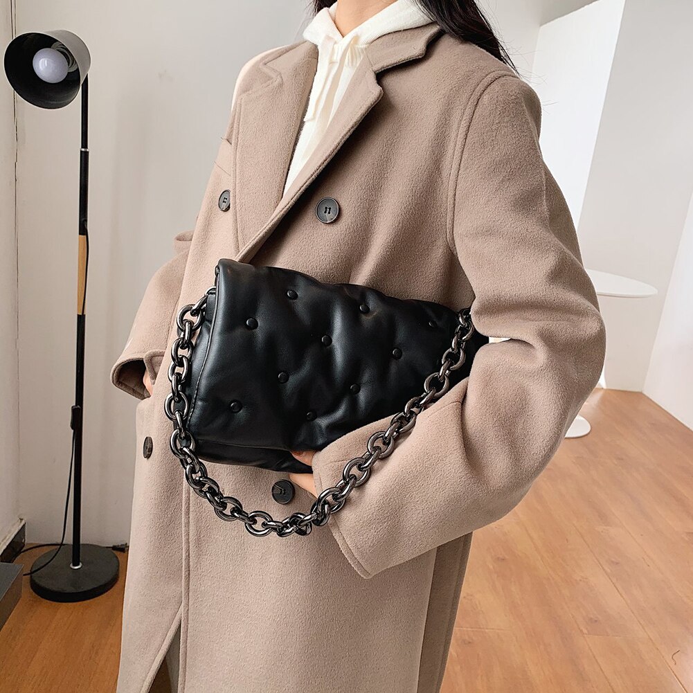 retro Stepp Große Kapazität Unterarm Kupplungen Frauen Leder Dicke Kette Schulter Tasche lässig Täglichen Reise Weibliche Handtaschen