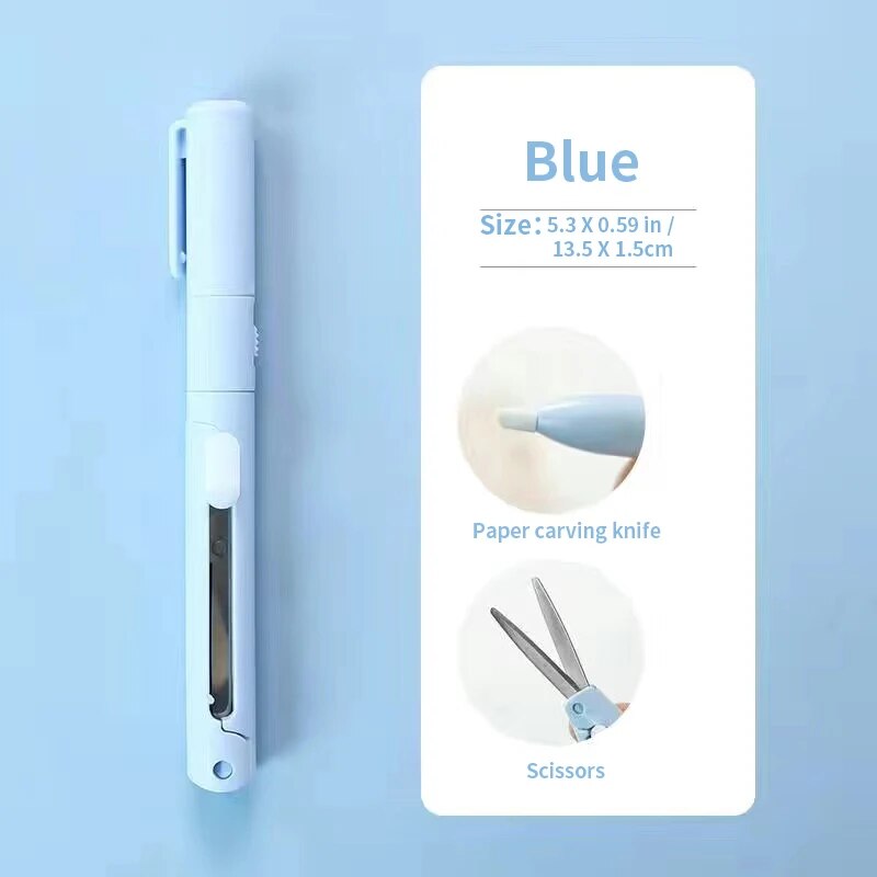 Mini tijeras portátiles 2 en 1, cúter de papel, bolígrafo de bolsillo multifuncional con forma de álbum de recortes, herramientas de arte para tallado y corte, 1 ud.: Azul