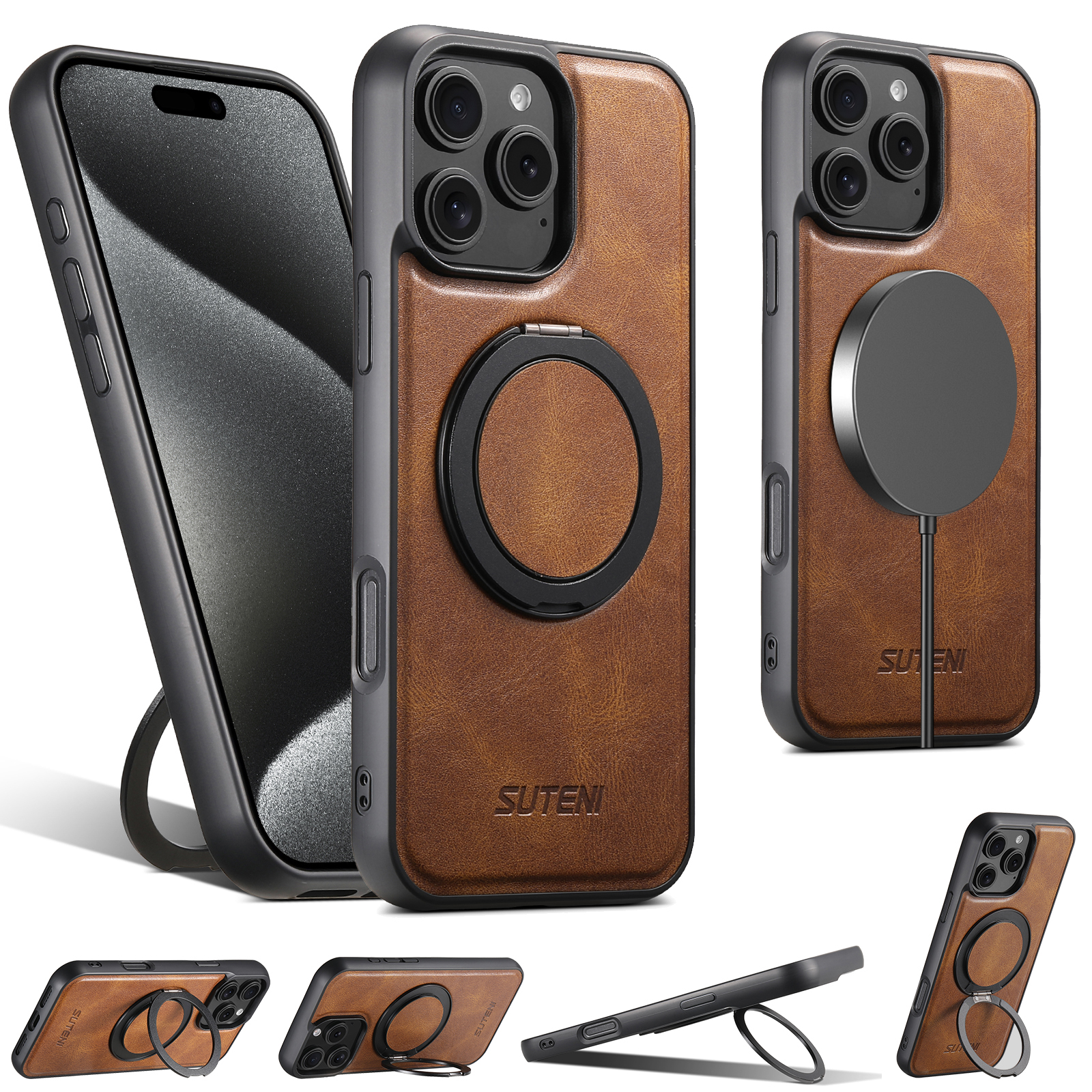 SUTENI-Coque de téléphone en cuir PU avec support rotatif à 360 °, avertisseur d'huile, chargement sans fil, compatible avec iPhone 16 Pro Max, 15 Plus, 14 Pro, 13, 12