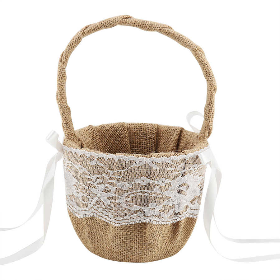 Boda Vintage cesta de lino de algodón y lino Material de encaje de canasta para flores boda, cesta de la muchacha de flor blanca cesta