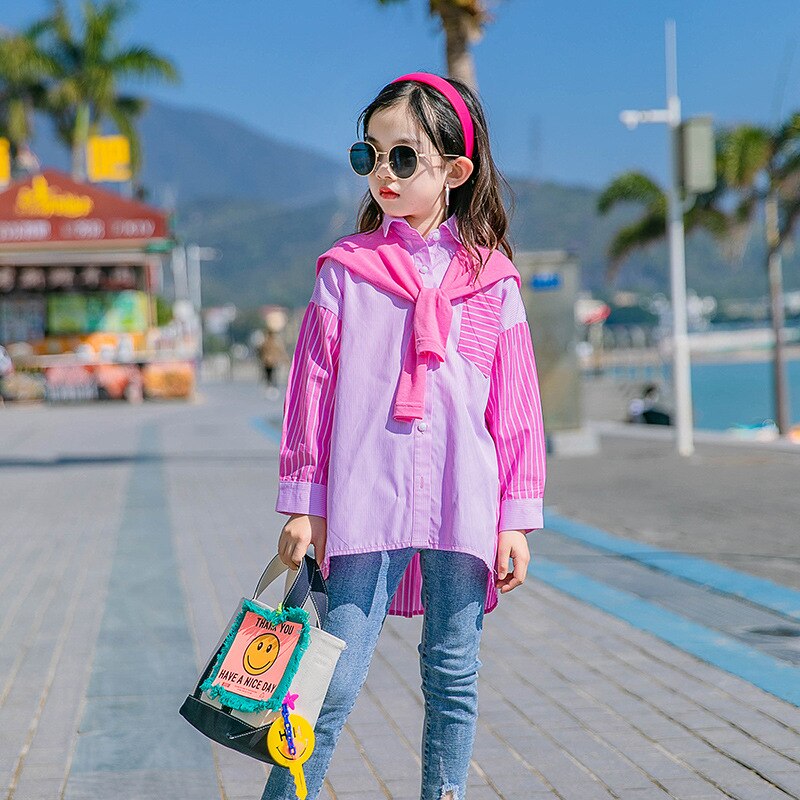 Camicie a righe rosa coreane per ragazze adolescenti bambini colletto rovesciato in cotone Patchwork a righe top camicette a maniche lunghe per bambini