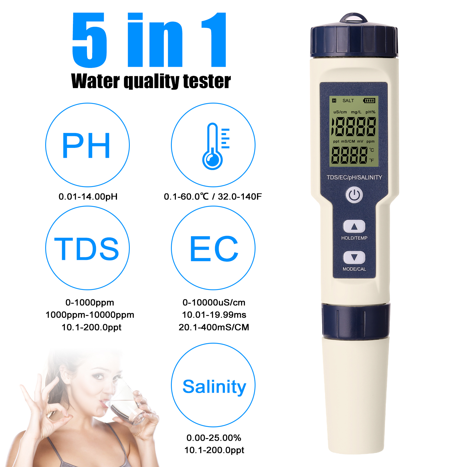 5 in 1 Multi-parameter Combo Testing Meter PH/EC/TDS/Salinity/Thermometer Digital Multi-Function Tester Water Tester