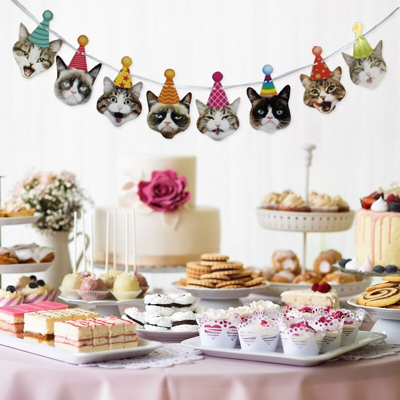 1Set Leuke Huisdier Katten Papier Banner Bunting Garland Kat Pet Party Decoratie Voor Thuis Verjaardag Vlag Opknoping Decor Supplies
