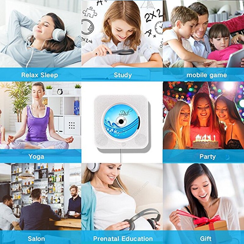 Wall Mounted CD Player Surround Sound FM Radio Bluetooth USB MP3 Disk Portable Music Player Stereo Speaker White