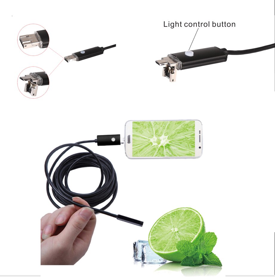 Endoscope Camera 1/2m/5m USB 7mm 6LED Mini 2In1 Endoscope PC Endoscopes Borescope Inspection Camera