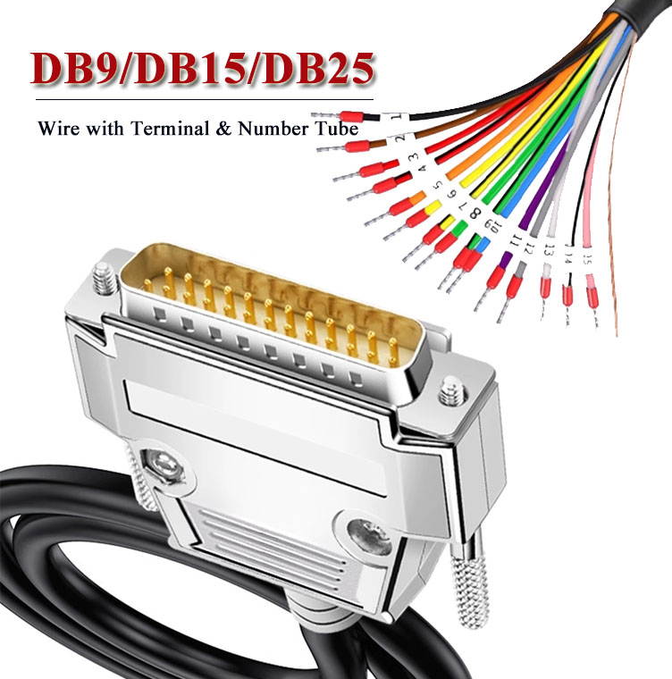 DB9 DB15 DB25 Connector Cable with Number Tube Industrial 24AWG 9 15 25Pin RS232 Serial Plug with Wire D-SUB DB 5 15 25 Terminal