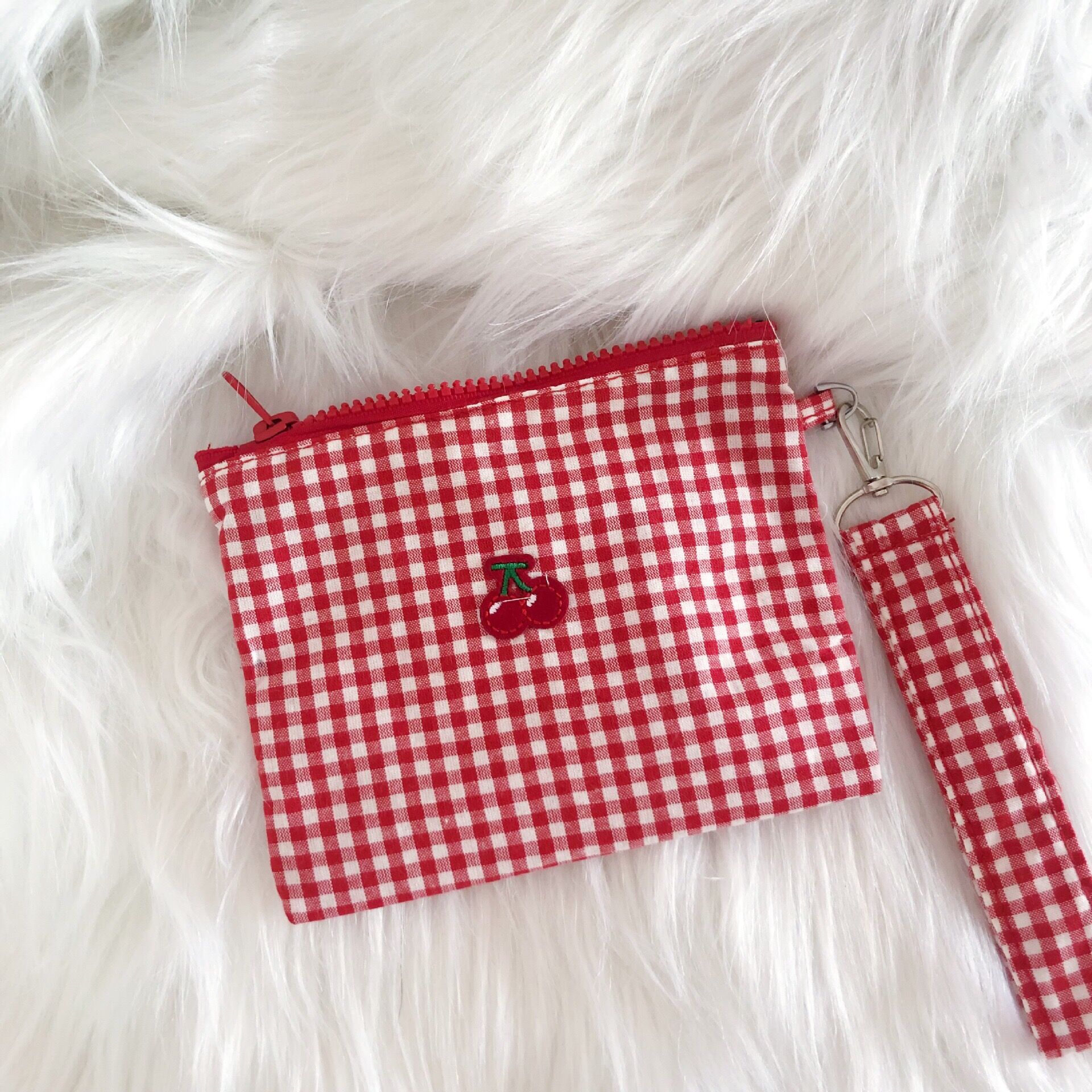 Cherry Rode Plaid Katoen Stof String Handtas Vrouwen Meisjes Zoete Rits Moet Tassen Kaarthouder Grote Capaciteit Make-up tas case