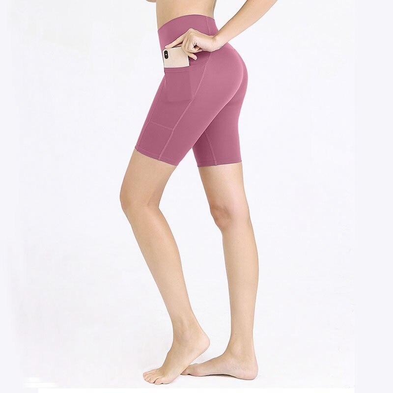Sommar dam yogashorts dubbla sidfickor sportstrumpbyxor sömlösa fitnessshorts rosa l kod
