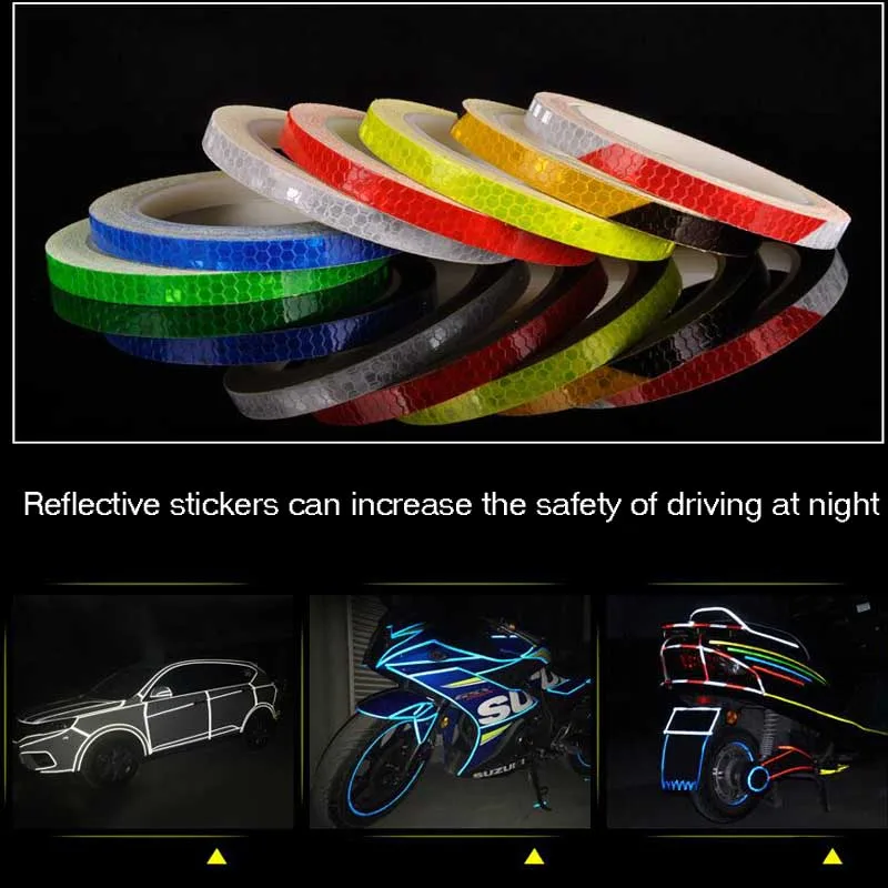 Pegatinas reflectantes para bicicleta, cinta fluorescente de 1cm x 8m, tiras de advertencia de seguridad, cintas de ciclismo para casco de bicicleta, motocicleta y Scooter