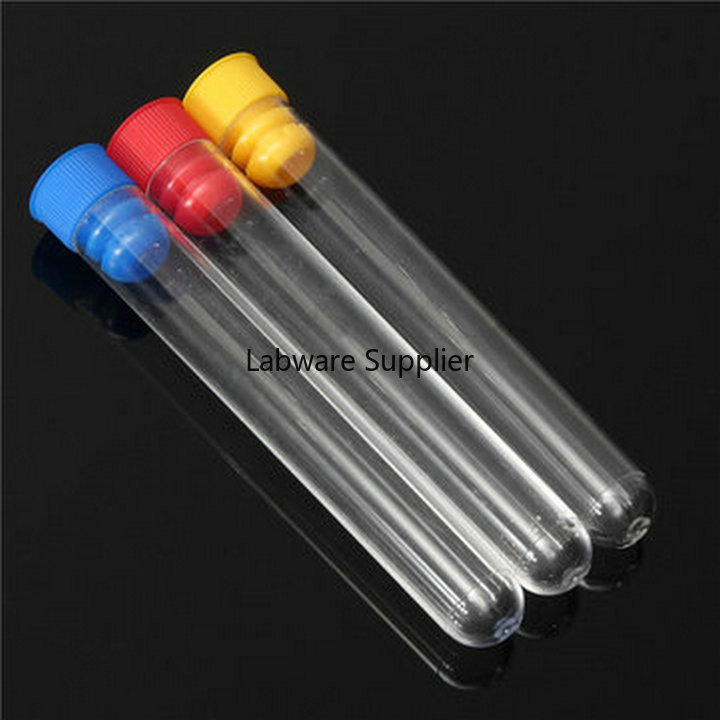 50pcs 15x150mm 20ml Clear Plastic test tubes with plastic blue/red stopper push cap for school experiments and tests