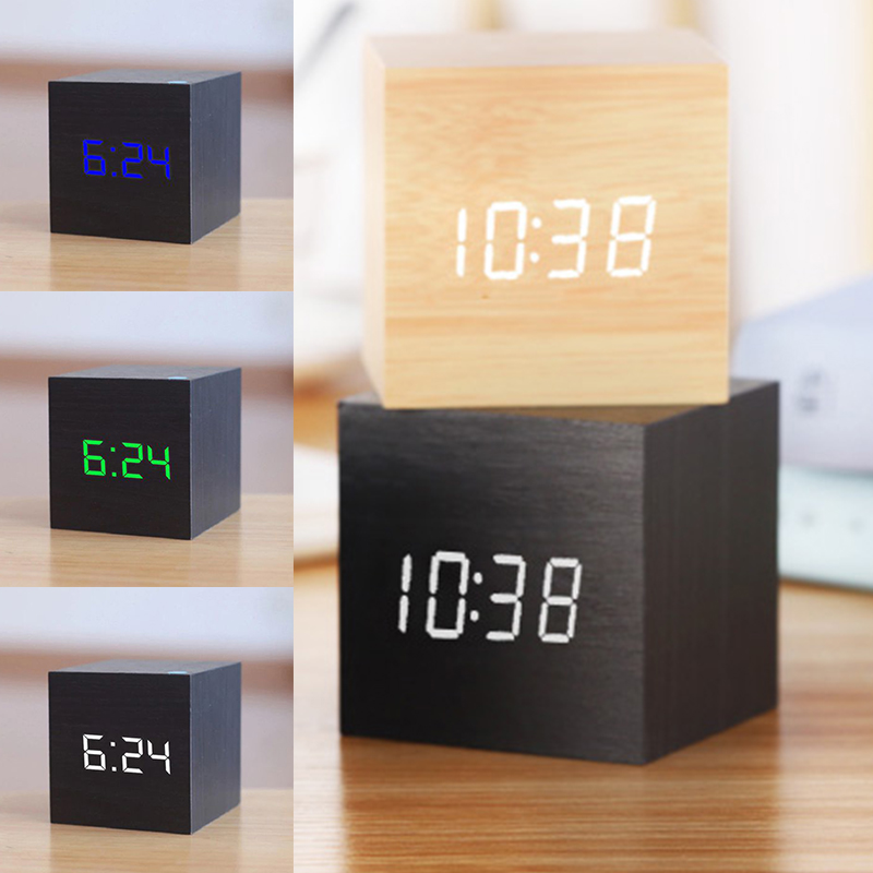 1PC Modern Wooden Cube USB Voice Digital Alarm Clock Digital Alarm LED Display Despertador Luminous Control Clock