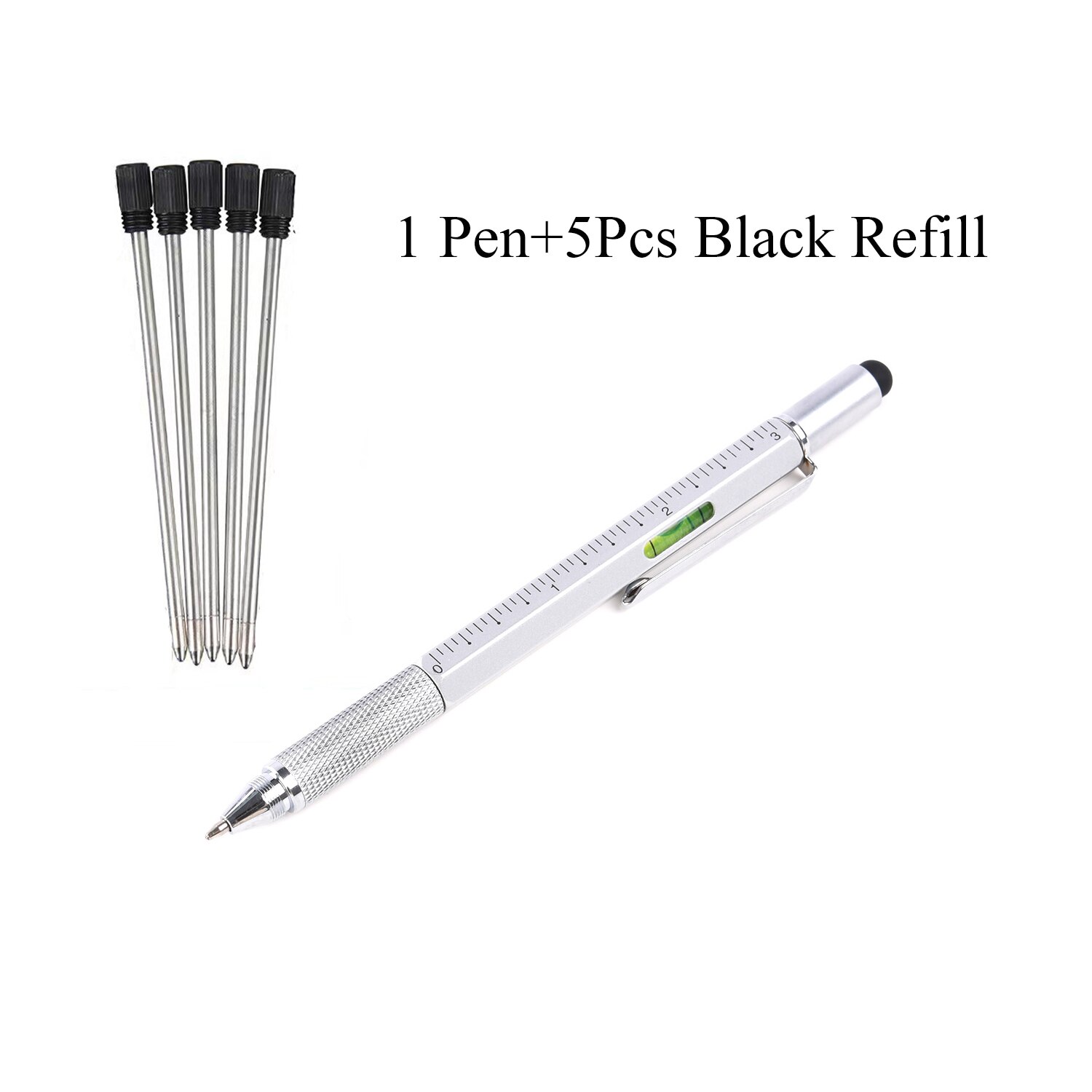 7 In1 Multifunction Handheld Screwdriver Tool Ballpoint Pen Measure Technical Ruler Screwdriver Touch Screen Stylus Spirit Level: White With 5PC Black