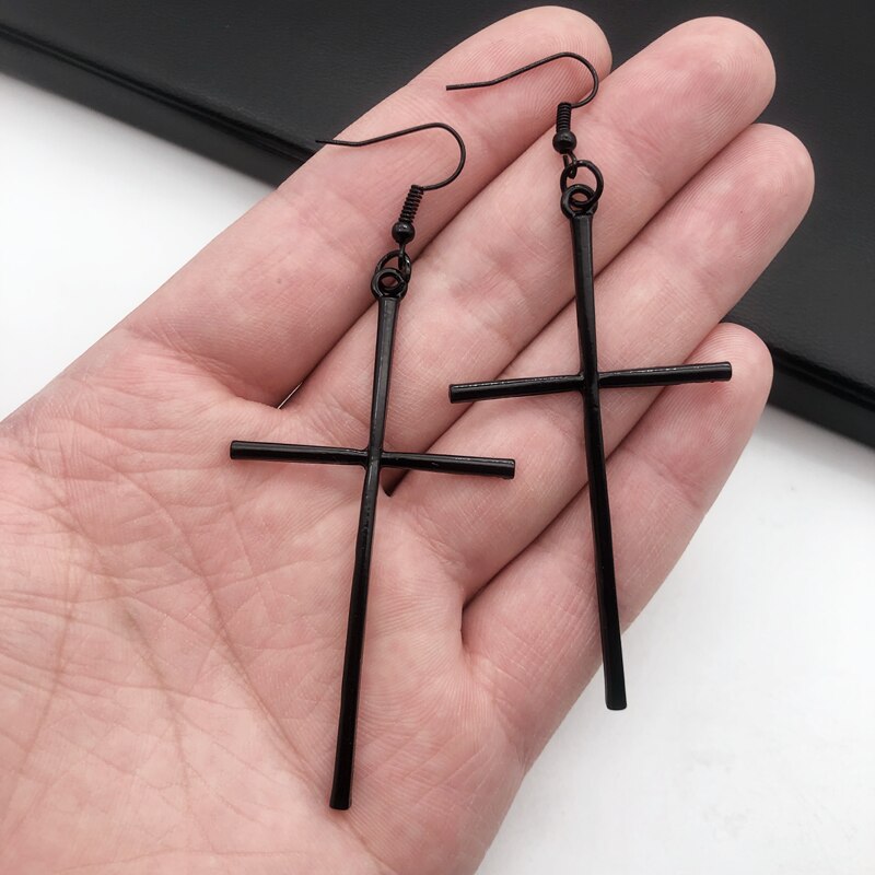 Vintage goth gothic sort sølv big cross dangle øreringe goth egirl tilbehør smykker