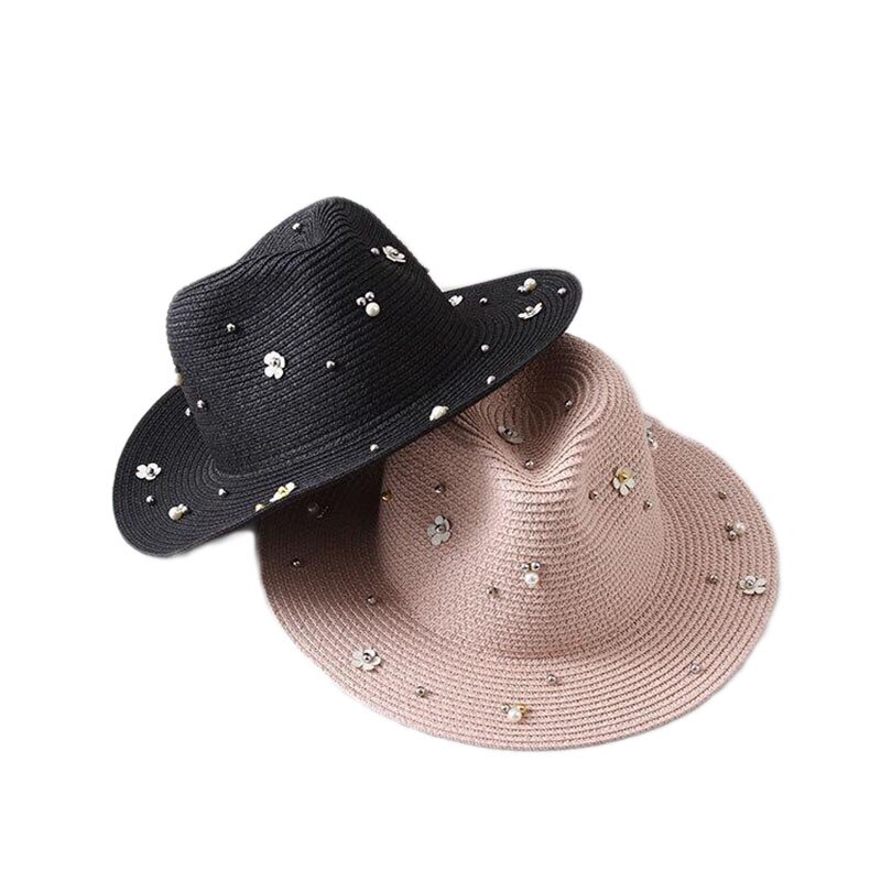 2018 Nuove Donne di Estate All'aperto Cappelli da Sole Solido Grande di Paglia Tesa Traspirante Cappello di Snapback Regolabile Della Perla di Modo Tappo Superiore Per della signora