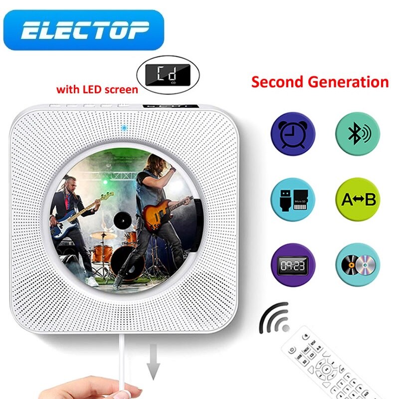 ELECTOP Wall Mounted CD Player Surround Sound FM Radio Bluetooth USB MP3 Disk Music Player Remote Control Stereo Speaker Home