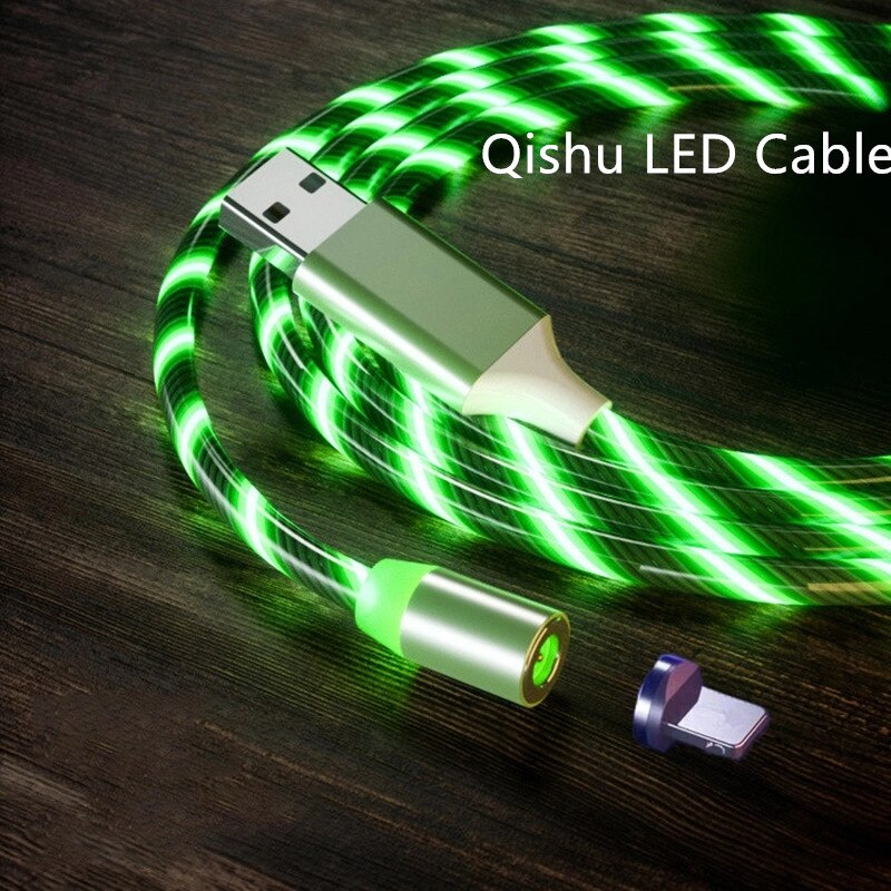 Qishu LED Lighting Fast Charging Magnetic USB Type C Cable Magnetic Cable USB Micro Charger Cable Wire for iPhone Huawei Samsun: Green cable 1m / FOR  ios