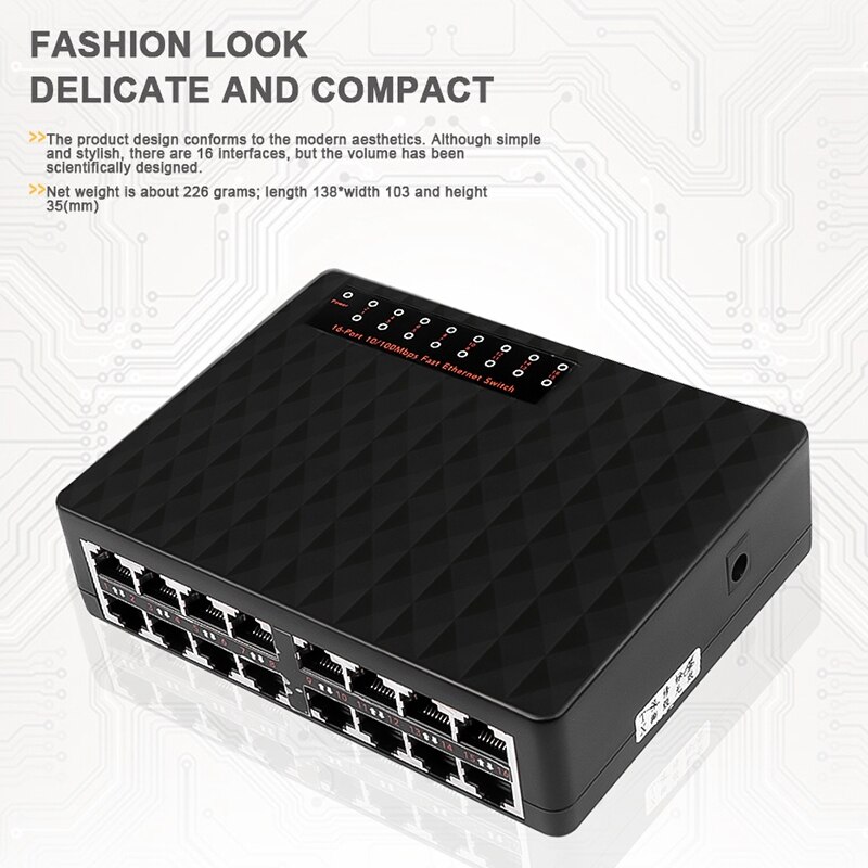 Conmutador de red de 16 puertos de 10/100Mbps, conmutador rápido Ethernet LAN RJ45 Vlan Hub de Escritorio PC enchufe EU