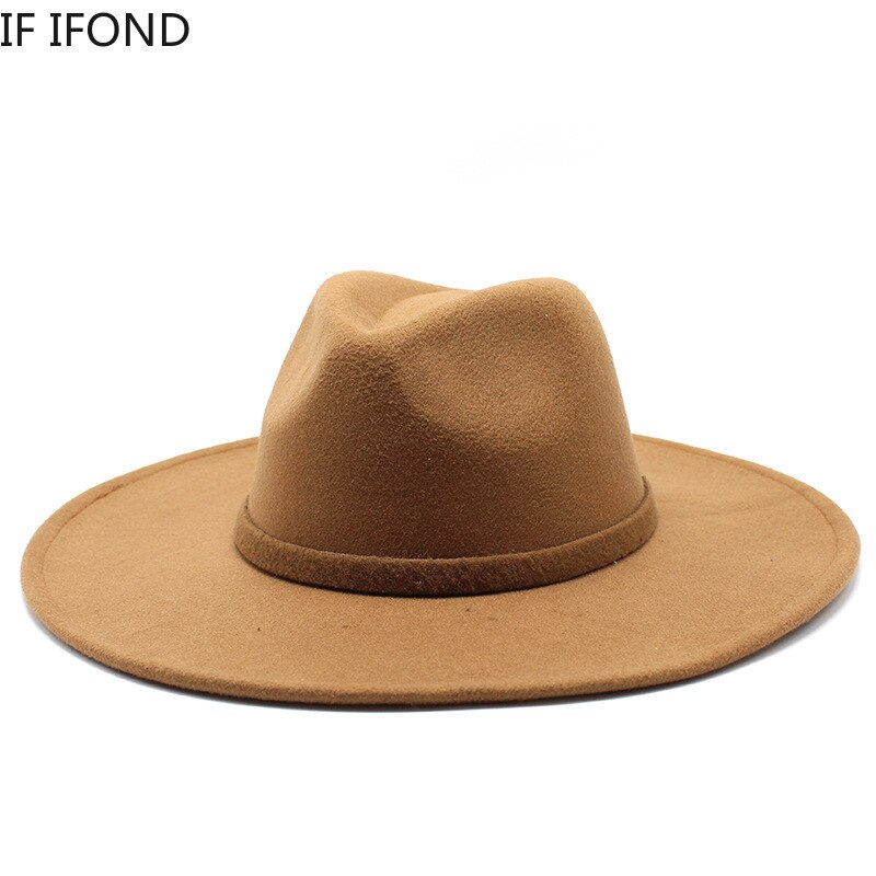 9.5CM Women Men Big Wide Brim Wool Fedora Hat British Style Winter Gentleman Lady Jazz Church Hats