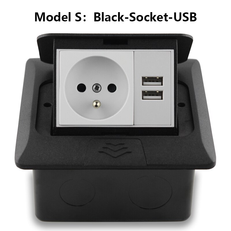 French Standard Socket With USB Charging Port Fast Pop-Up Floor Socket 2 Way Power Outlet Aluminum Alloy Material Office 16A: Black-Socket-USB
