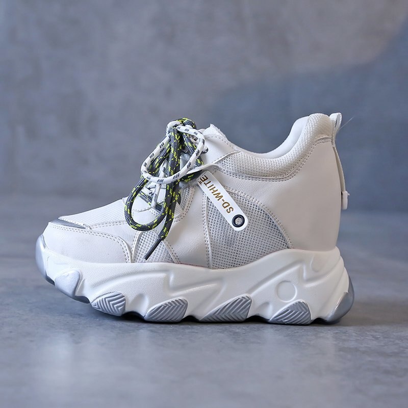 Kvinder platform chunky sneakers designere snøre fritidssko kvinde sommer gammel far sko damer 9cm super høje hæle: Hvid / 35