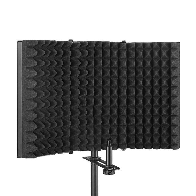 Sammenklappelig mikrofonisoleringsskærm med mikrofon gevindmonteret høj densitetsabsorberende skum foran og ventileret metal bagplade