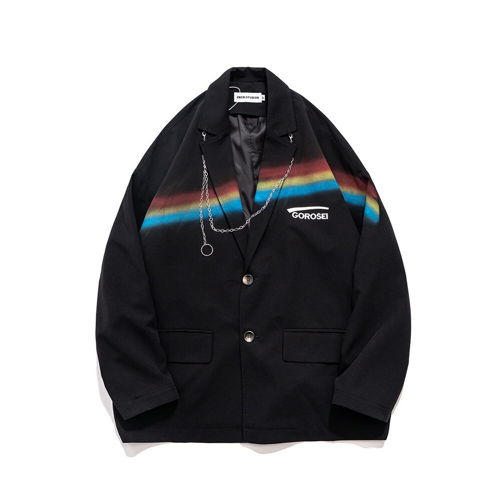 UNCLEDONJM-Chaqueta de arcoíris para hombre, traje decorativo de con cadena, chaquetas de Hip Hop, traje de , ZB-21005: Negro / S