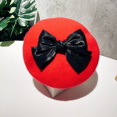 Béret en laine avec nœud papillon pour femme, chapeau avec motif de biscuits, de couleur unie, idéal pour l&#39;automne et l&#39;hiver: 04