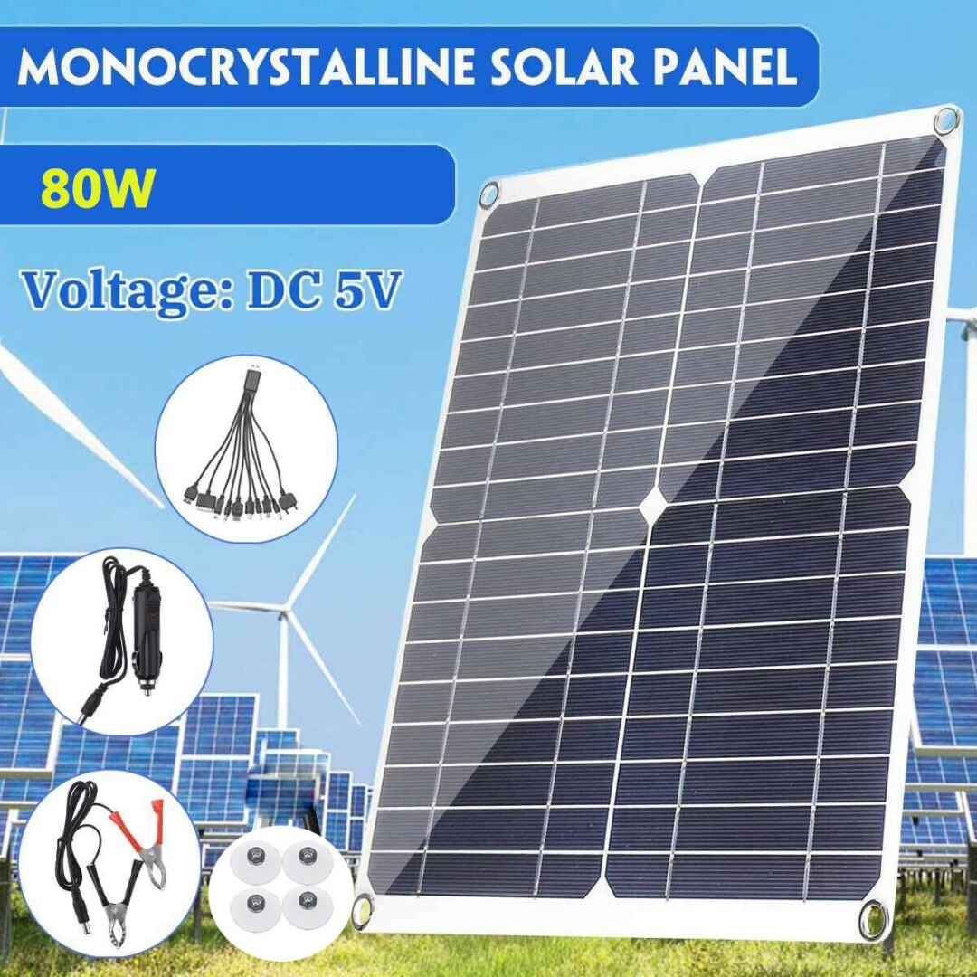 Pohiks Flexible Solar Charger 80W 18V Monocrystalline Solar Panel Led Light RV Battery Boat Waterproof Outdoor Charger