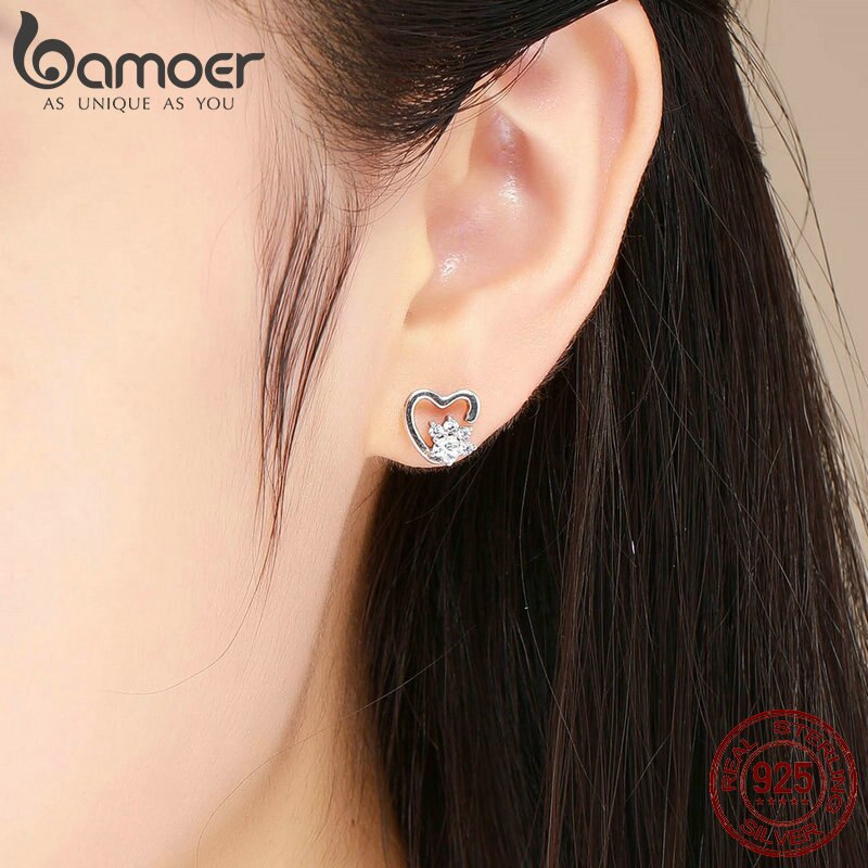 BAMOER 925 Sterling Silver Classic Heart Clear Cubic Zircon Stud Earrings for Women Sterling Silver Jewelry SCE415