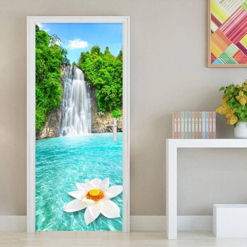 Waterfalls Landscape Door Sticker Living Room Kitchen Waterproof Wallpaper PVC Self-Adhesive 3D Wall Mural Home Decor Door Decal