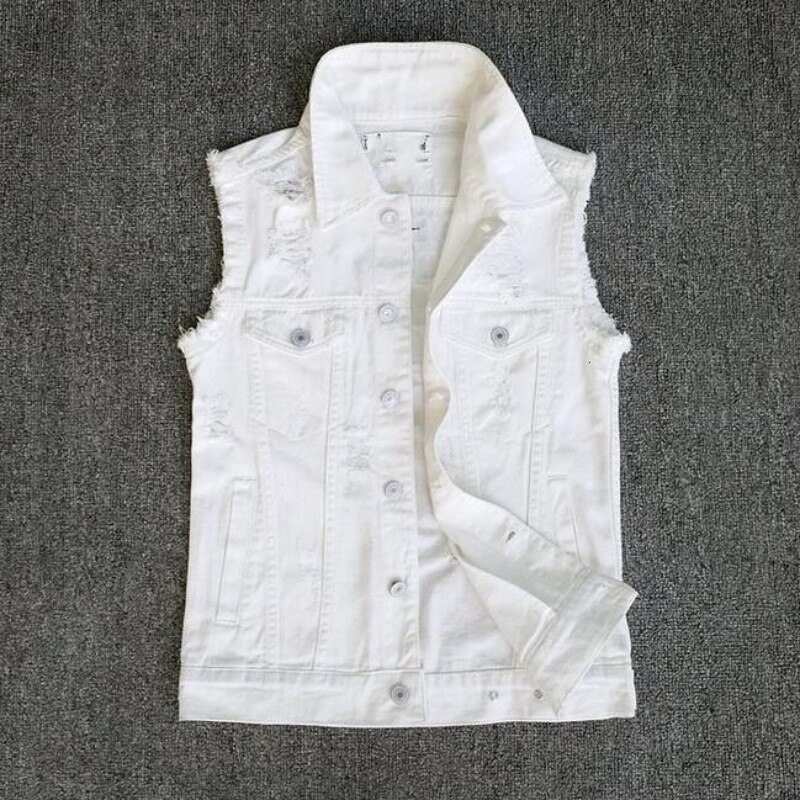 Neue Frühjahr knapp Gedruckt Mens ärmellos Denim Westen Einreiher See Zerrissene Dünne Männlichen Westen Plus Größe