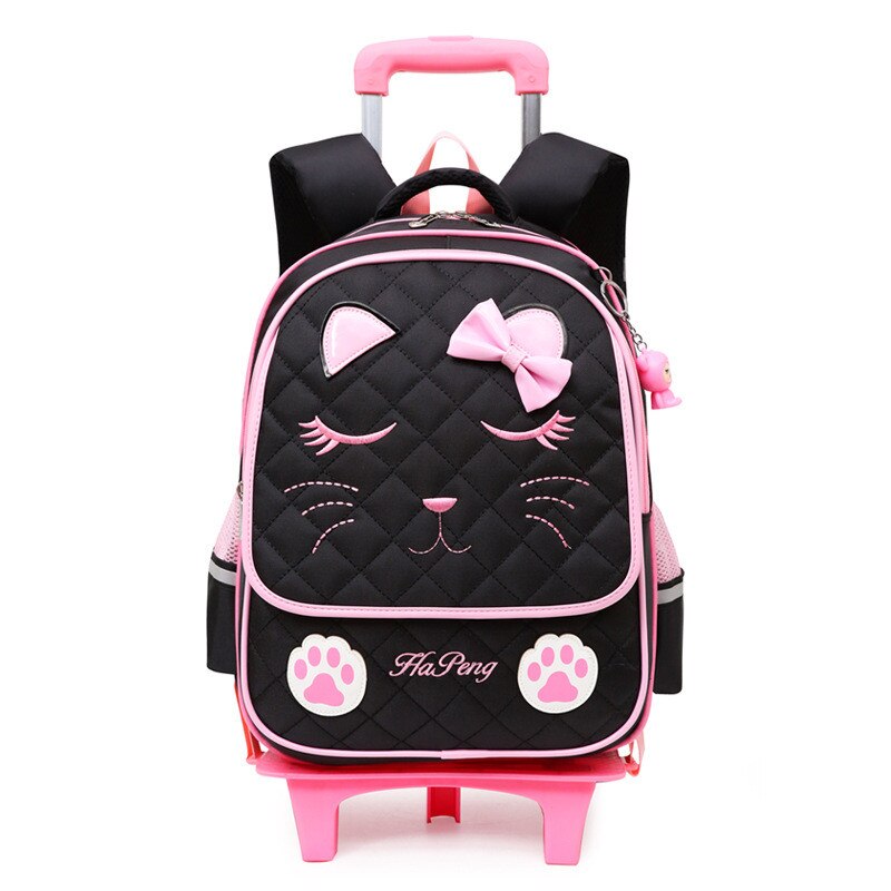 Leuke Kat Trolley Schooltassen Voor Meisjes Kinderen Rugzak Met 2 Wielen Waterdichte Primaire Rugzak Mochila Infantil Bolsa: black 2 wheels