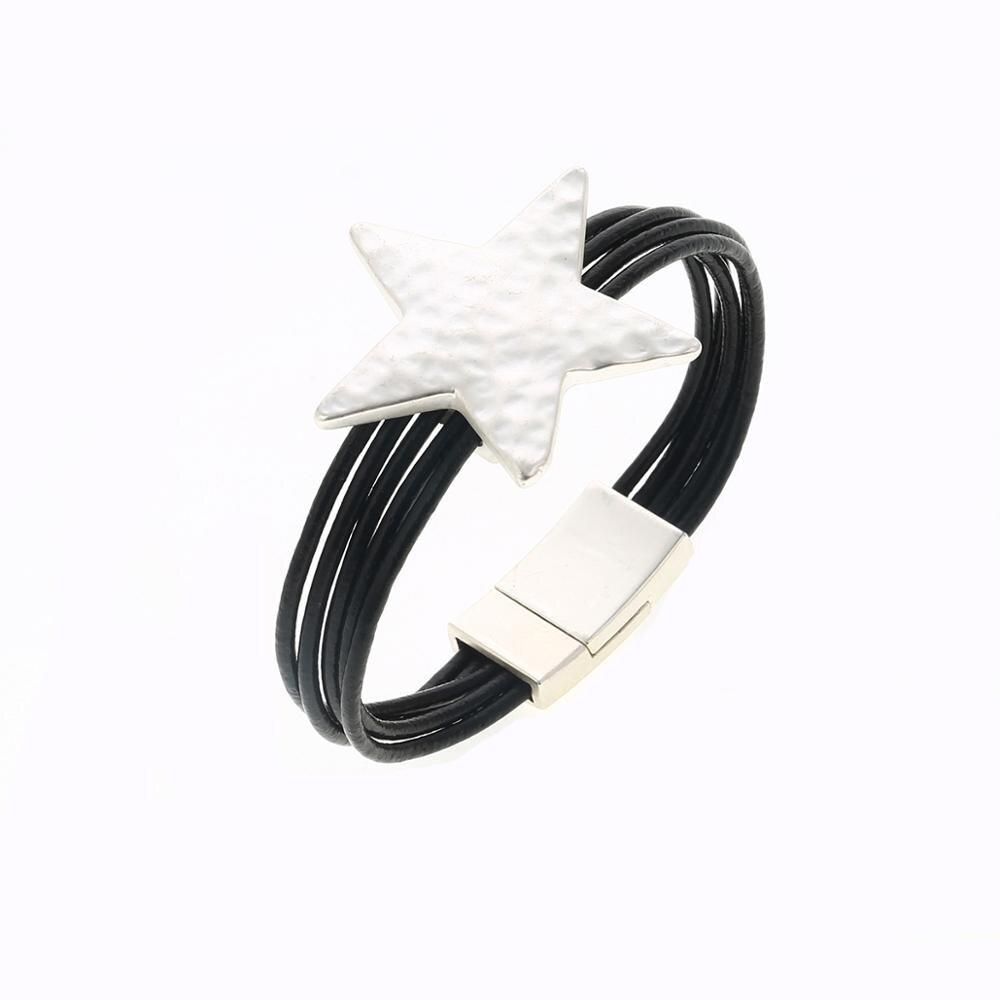 Legierung Stern Magnet Taste Multilayer Leder Charm Armreif 3 Farben Gold Silber Armreifen Für Frauen