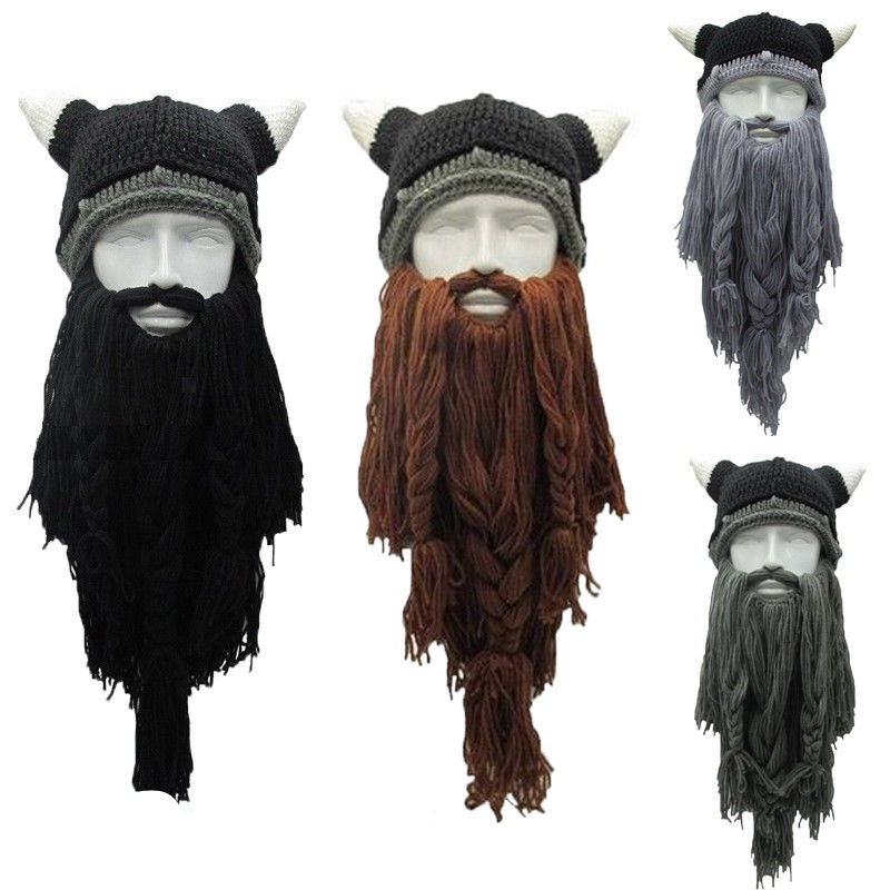 Men&#39;s Knit Viking Beard Horn Hat Crazy Ski Cap Barbarian Vagabond Beanie Halloween Winter Handmade Funny Hat + Beard