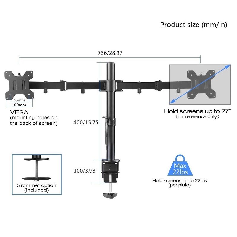 Desktop Double Monitor Arm Mount PC Desk Stand Dual Display Bracket for 13"-27" TV LCD Screen Monitor Arm Loading 10KG