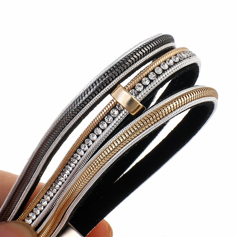 Flashbuy Rhinstone Multilayer Leather Bracelets For Women Vintage Metal Charms Wrap Bracelets Charms Jewelry Femme Accessories