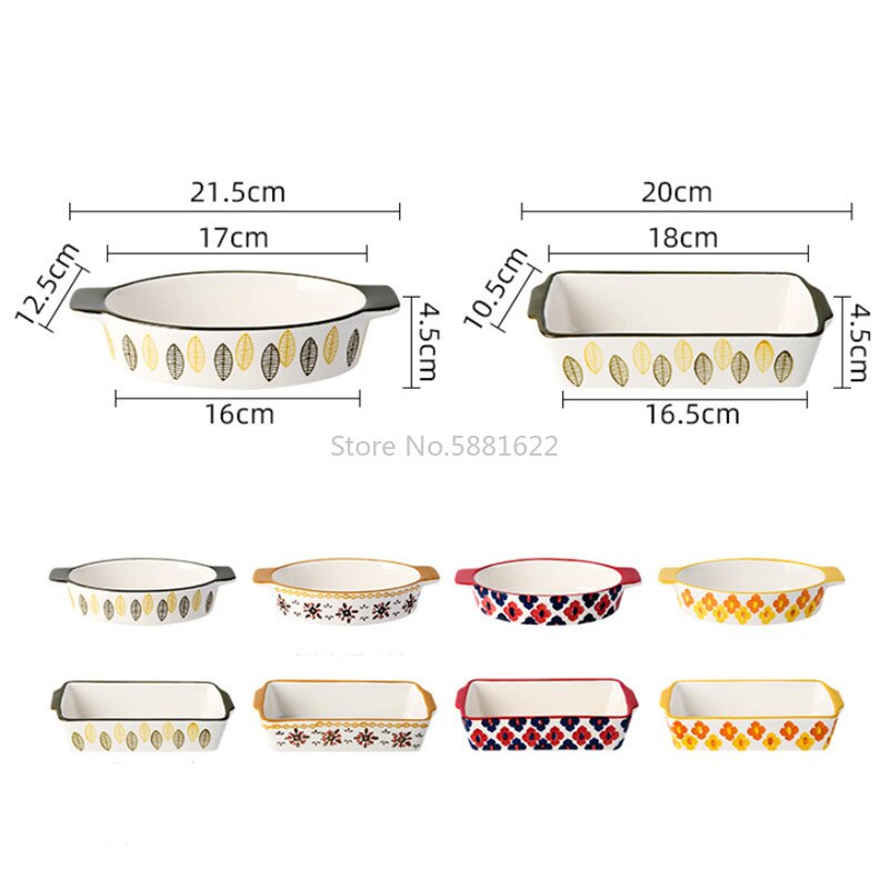 Ceramic Baking Dish Roasting Lasagna Pan Rectangular Dish Bakeware with Handle Microwave Hand-painted Dessert Plate