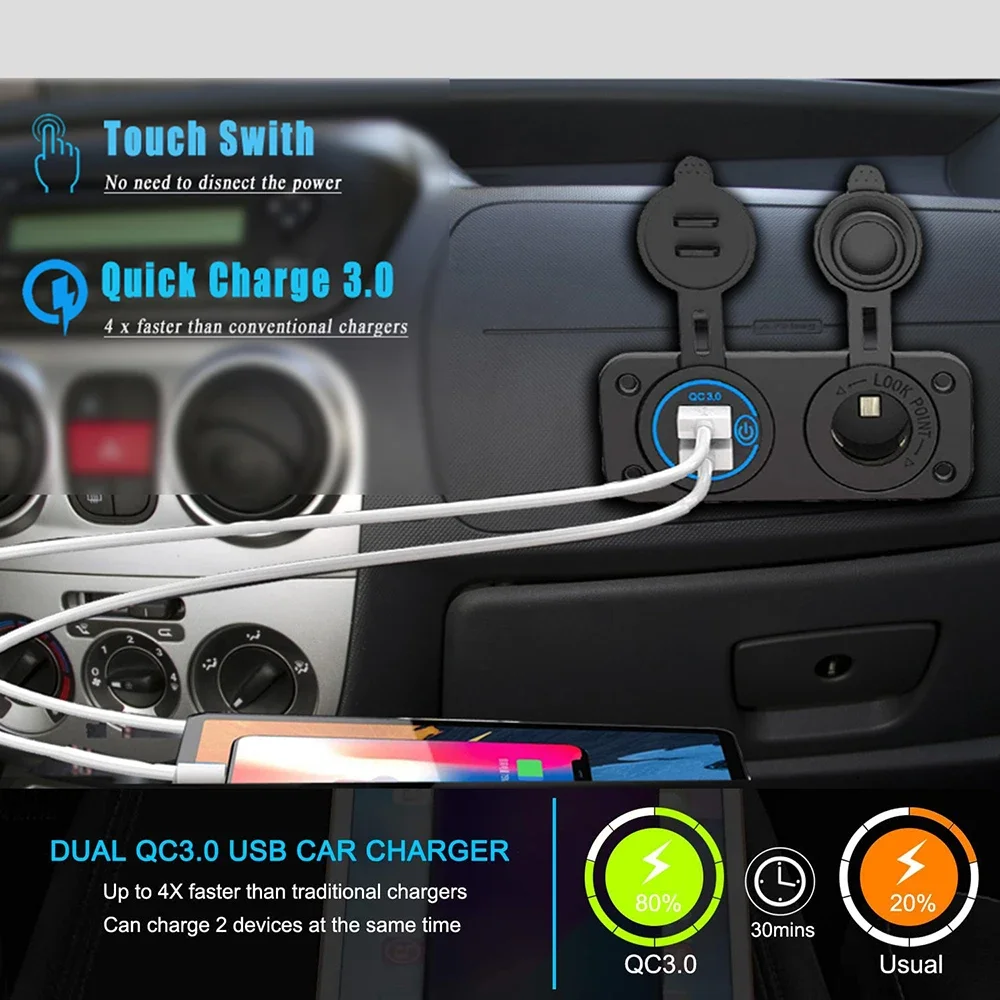 Panel de enchufe USB de 12V, carga rápida 3,0, 20W, doble PD, USB C, adaptador de encendedor de cigarrillos para coche, barco, RV, motocicleta