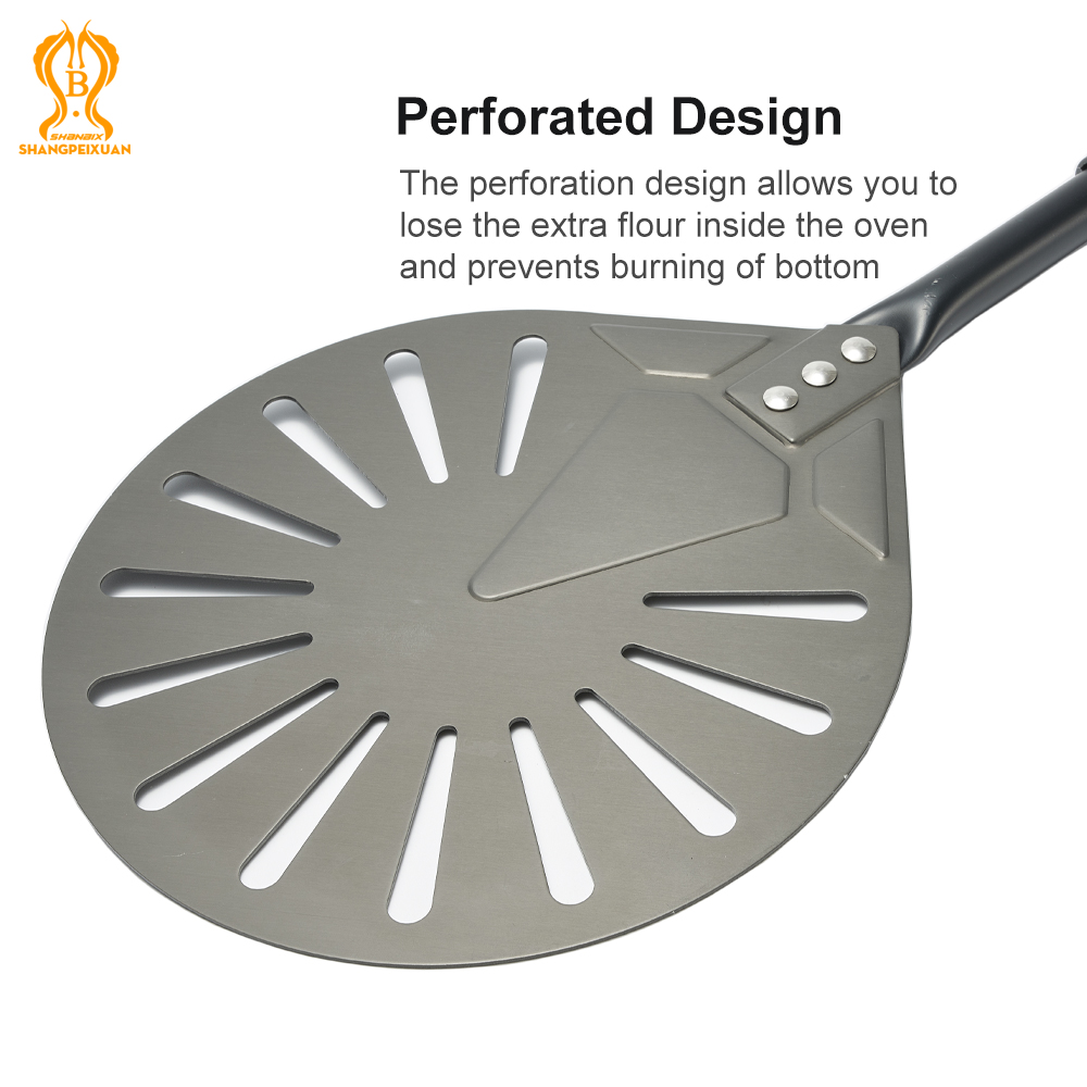 SHANGPEIXUAN 12" Hard Anodized Pizza Peel with Pizza Turning Shovel Set Perforated Rectangle Aluminum Pizza Peel Silicone Handle