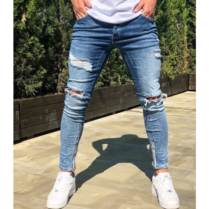 Herre jeans blå seje skinny rippet stretch slank elastisk denim bukser stor størrelse til mandlige forår sommer hip hop streetwear: Xxxl