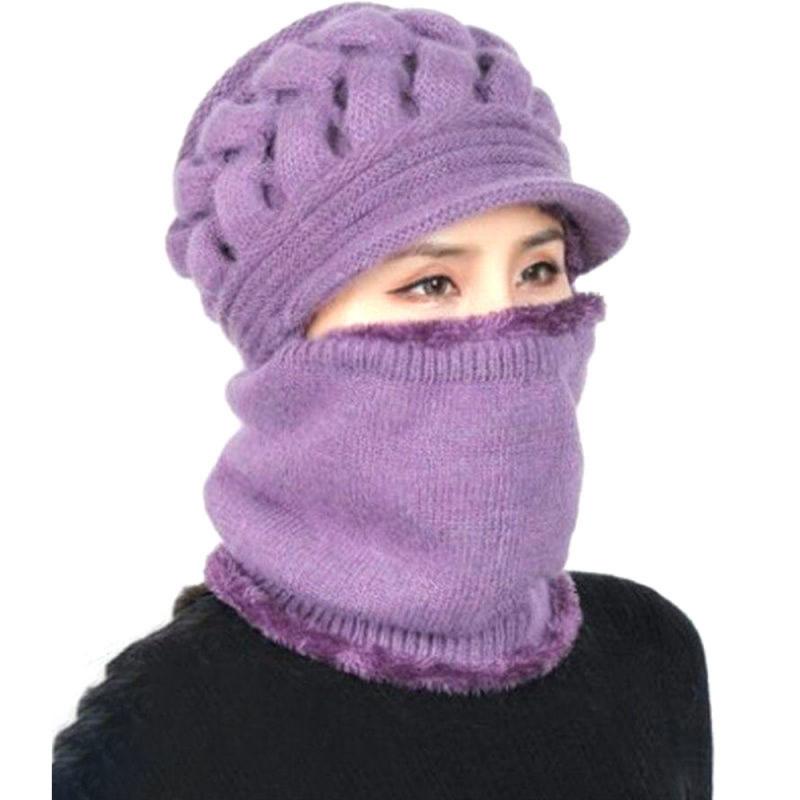 Women Bib Beanie Hat Pom Bobble Scarf Mask Ear Set Knitted Winter Warm Snow Ski Cap Thicken Plus Velvet Warm Scarf Knitted Hat: 02